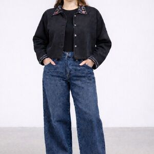 Vintage Jacket Womens L Black Crop Embroidery Artsy Boho Cottagecore Farm Folk